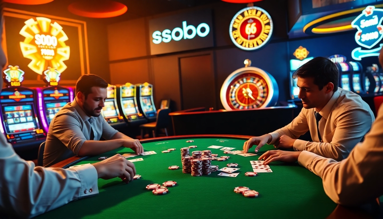 SODO66 poker players competing at an upscale casino table under bright lights.