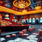 Experience the excitement of gambling at TRANG CHỦ HBBET with vibrant casino visuals, featuring roulette wheels and poker chips.