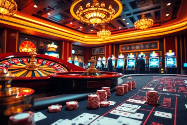 Experience the excitement of gambling at TRANG CHỦ HBBET with vibrant casino visuals, featuring roulette wheels and poker chips.
