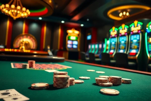 Join the excitement of bk8 สมัครสมาชิก with a vibrant casino scene featuring poker tables and slot machines.