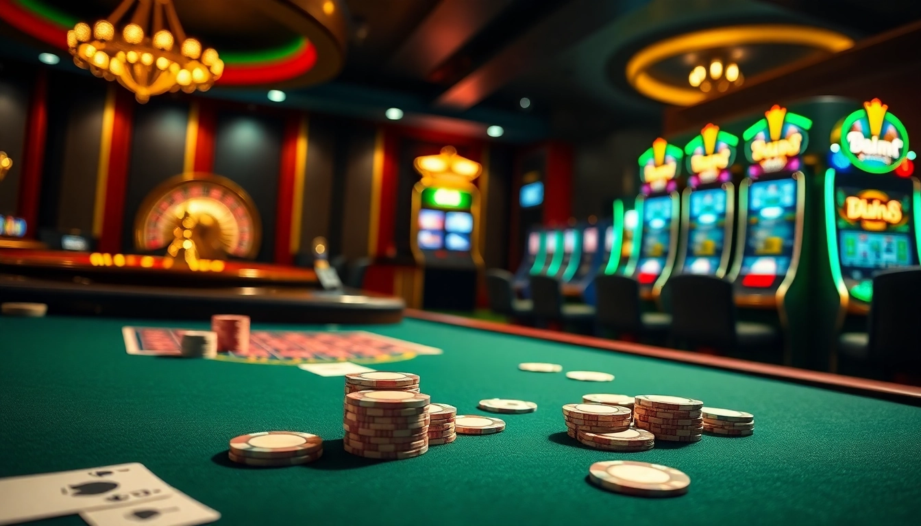 Join the excitement of bk8 สมัครสมาชิก with a vibrant casino scene featuring poker tables and slot machines.