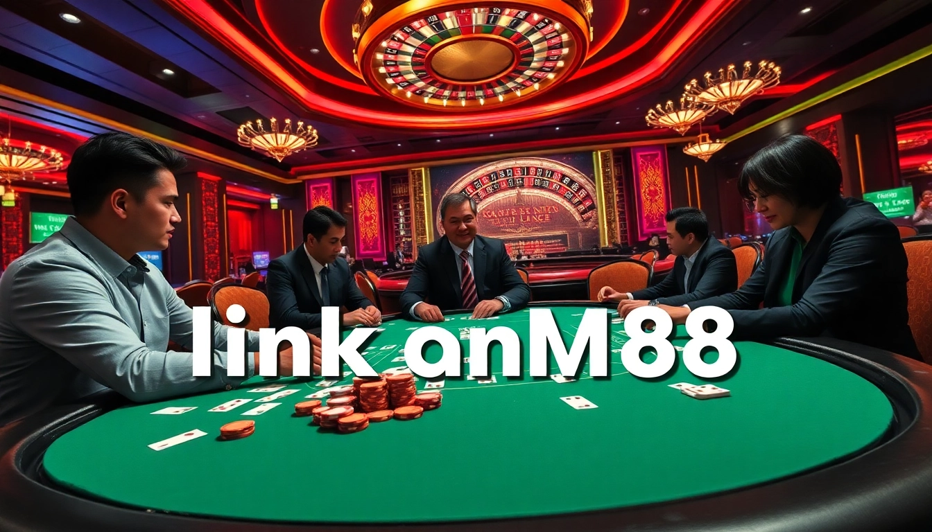 Engage with the exciting atmosphere of link mm88 at a vibrant casino table, showcasing poker and roulette.