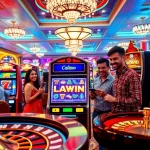 situs judi slot players celebrating a jackpot win in a vibrant casino setting