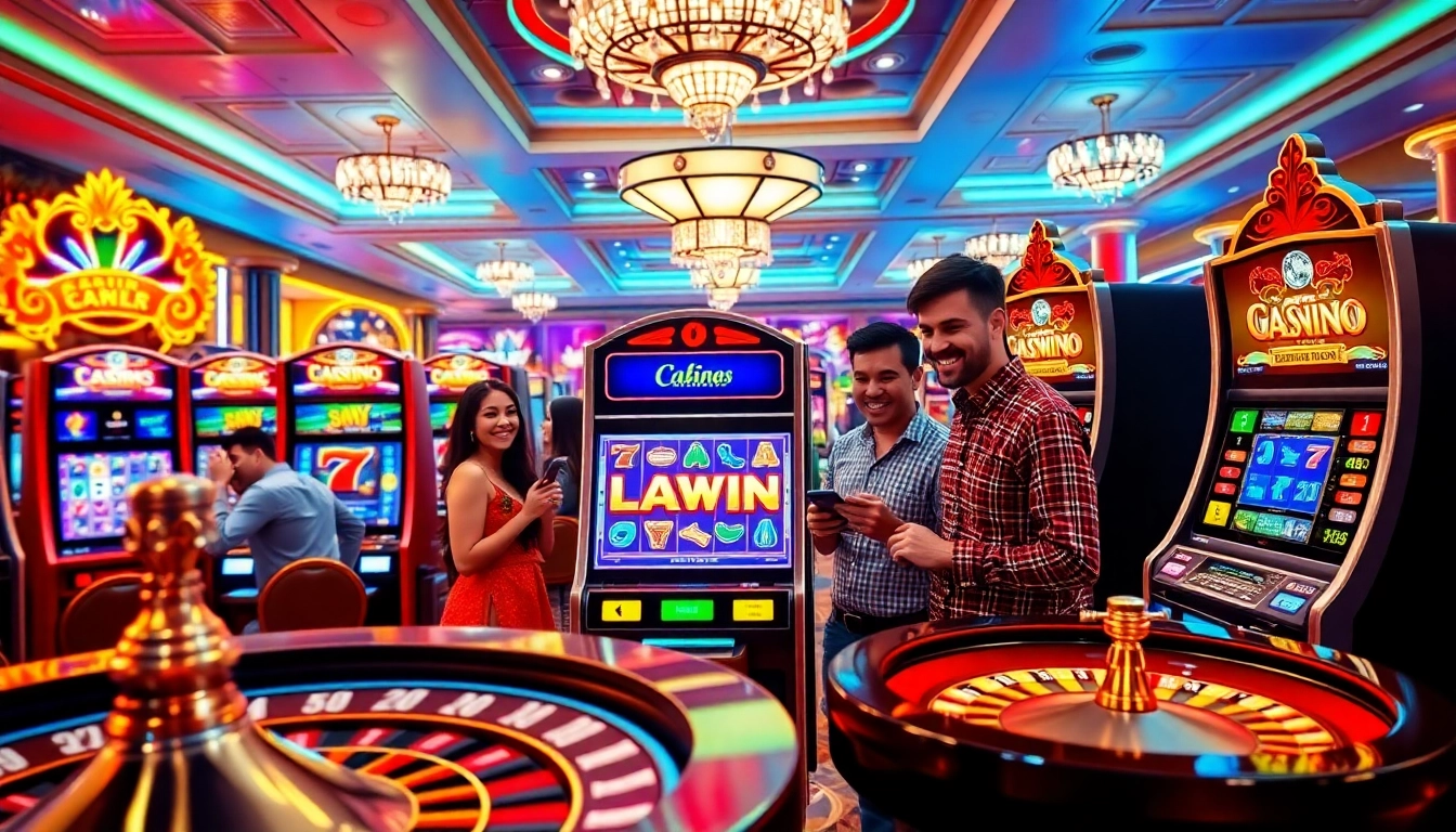 situs judi slot players celebrating a jackpot win in a vibrant casino setting