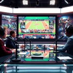 Dynamic sports broadcasting studio highlighting announcers and sports highlights.