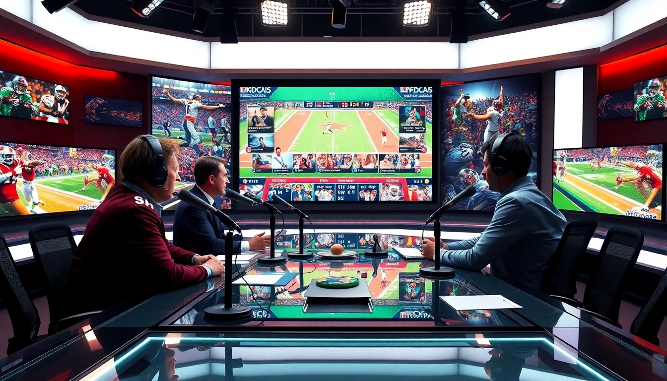 Dynamic sports broadcasting studio highlighting announcers and sports highlights.