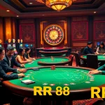Players enjoying excitement at RR 88's luxurious casino with poker tables and slot machines.