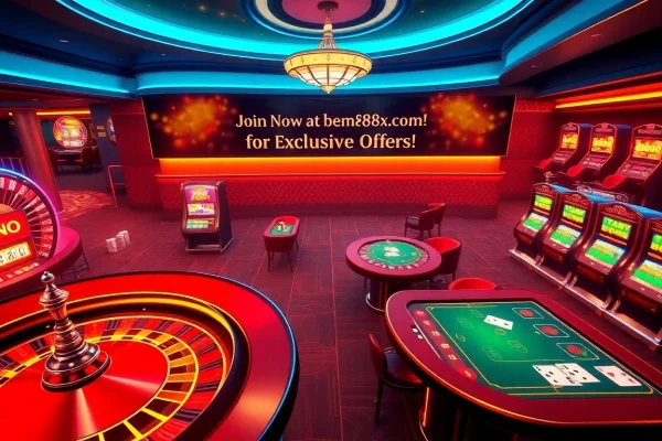 Experience the thrill of online games at http://bem88x.com/ with vibrant casino elements like roulette wheels and poker chips.