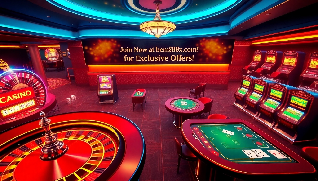 Experience the thrill of online games at http://bem88x.com/ with vibrant casino elements like roulette wheels and poker chips.