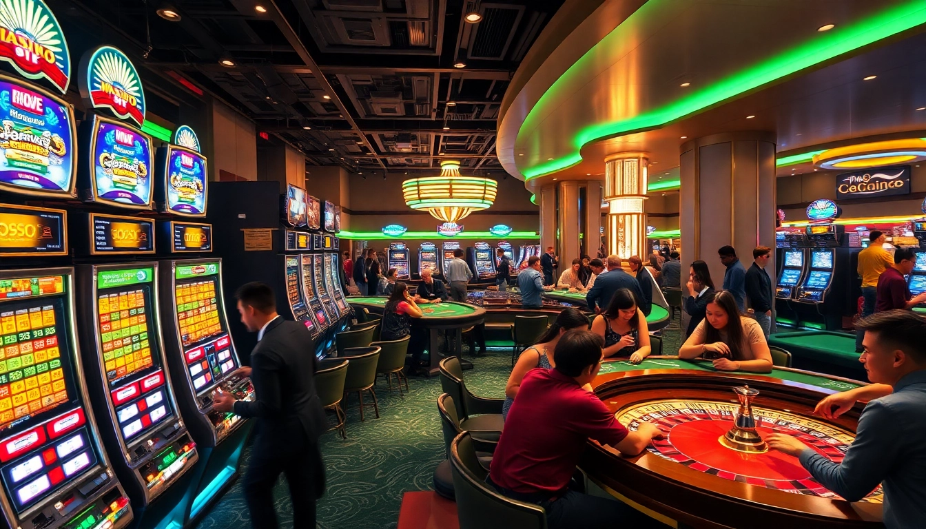 SODO gaming scene featuring vibrant slot machines and roulette tables bustling with players.