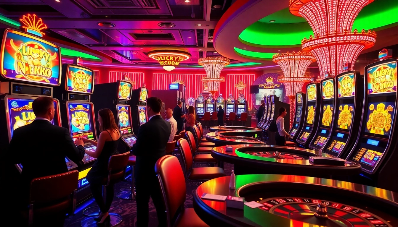 Experience demo slot excitement with lush casino visuals featuring players at luxury gaming machines.