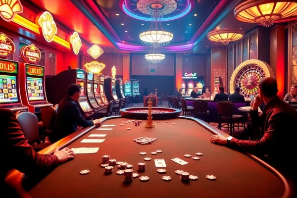 Experience the thrill of betting at http://vt88.co/ with players at a poker table and vibrant slot machines.