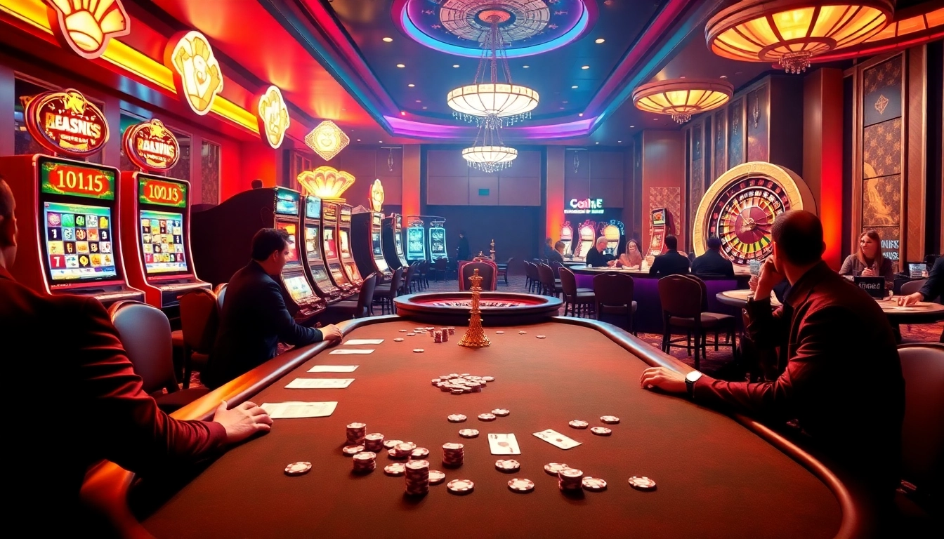 Experience the thrill of betting at http://vt88.co/ with players at a poker table and vibrant slot machines.