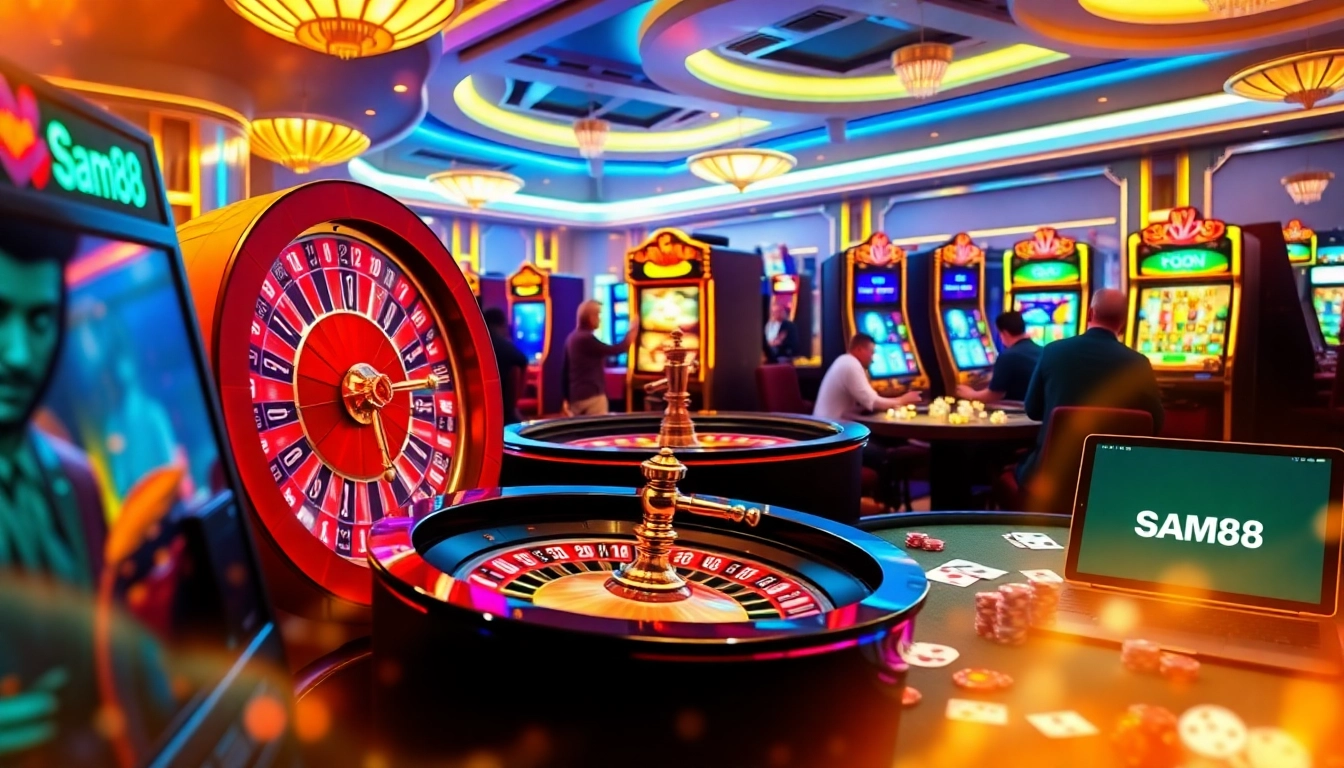 Players enjoying the excitement of Sam86 casino games with vibrant slot machines and roulette.