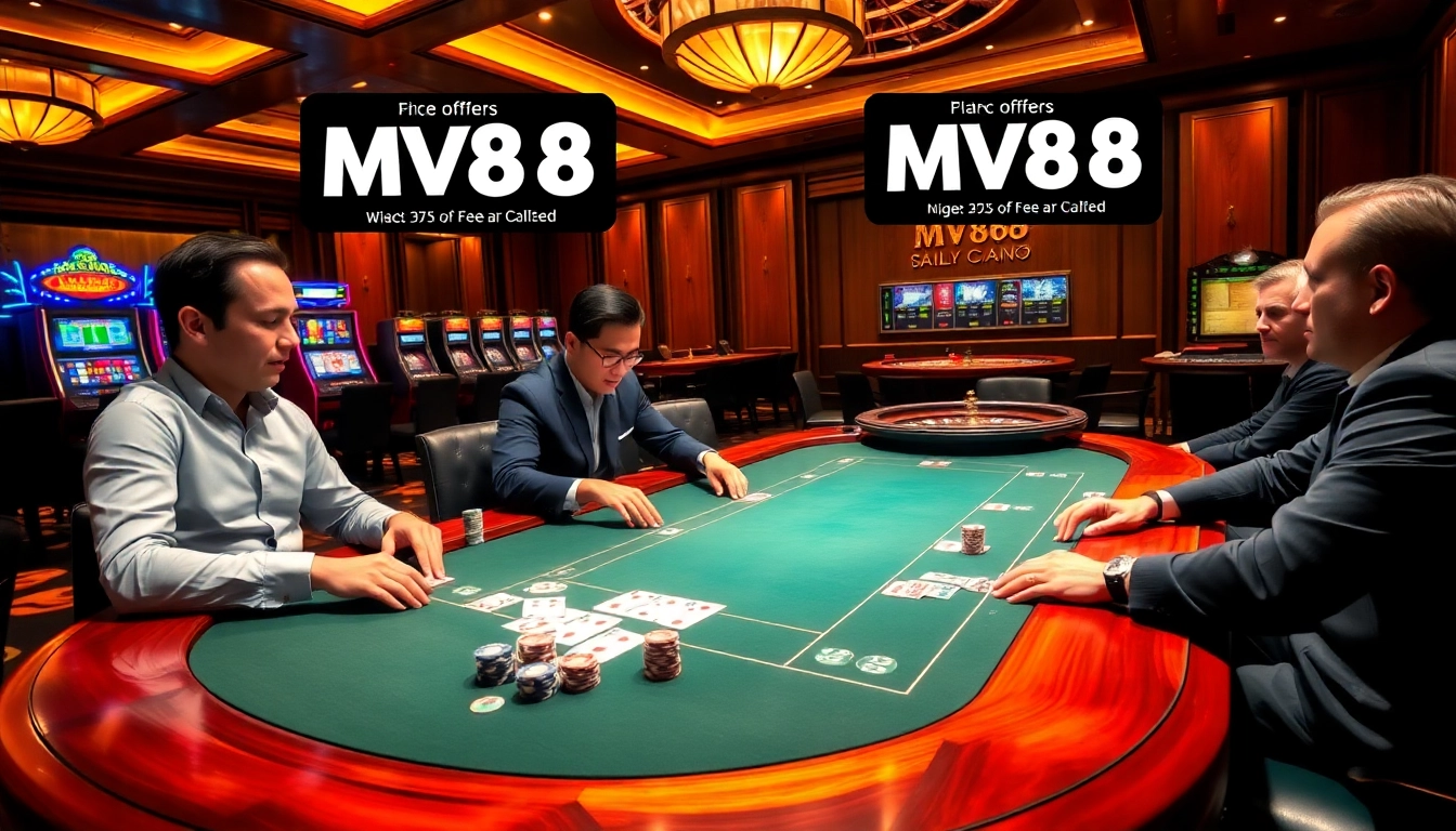 Experience excitement at MV88 with players engaged at a vibrant poker table.