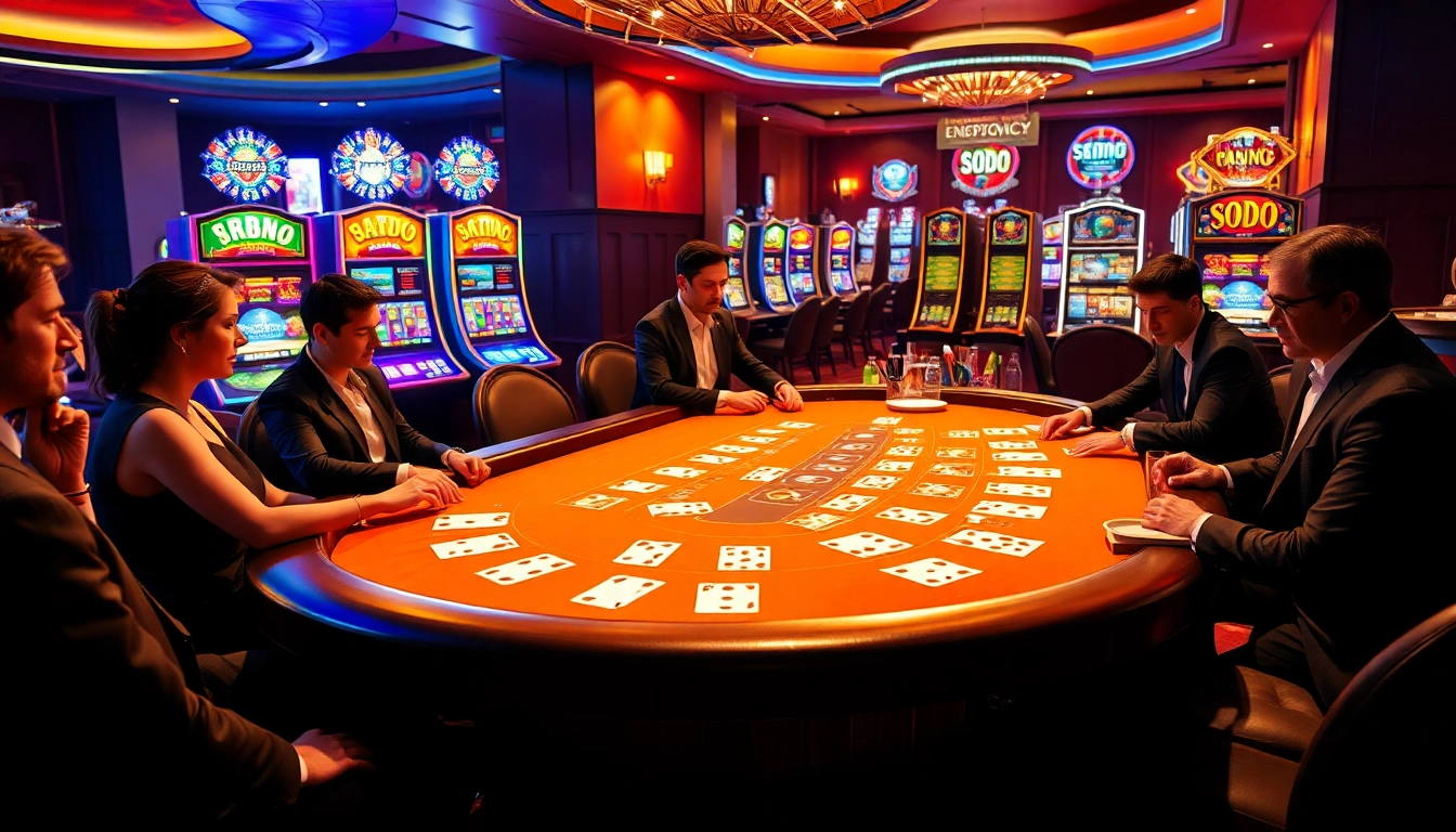 SODO CASINO players enjoying blackjack at a vibrant gambling table with colorful slots.