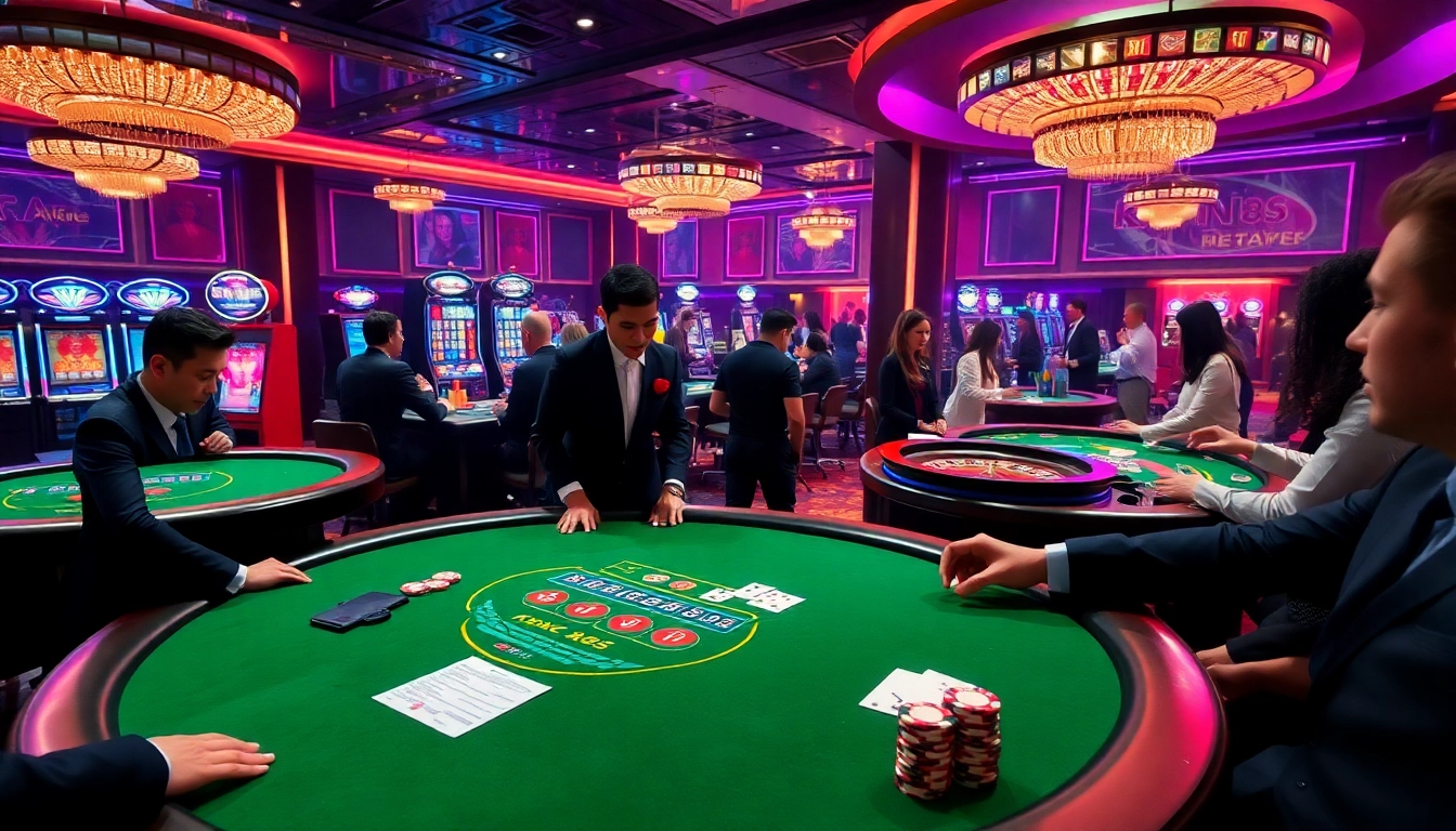 KONG 88 players exhilarated at blackjack and roulette tables in a luxurious casino.
