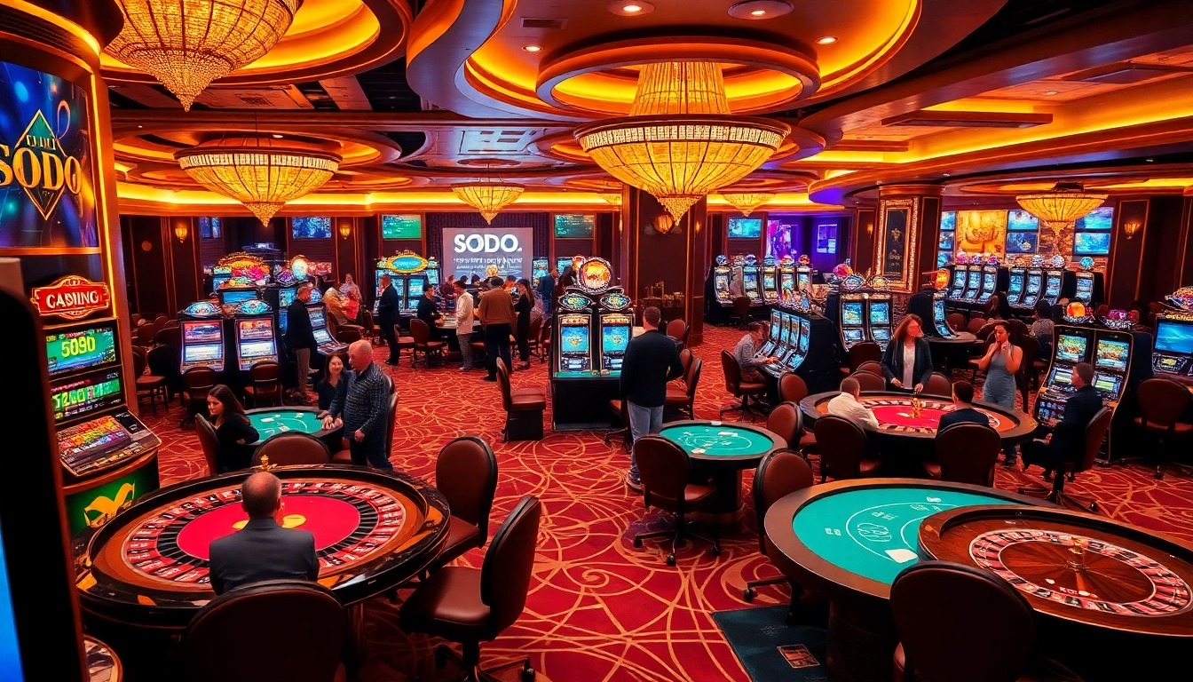 SODO CASINO's luxurious gaming floor filled with excitement, featuring poker tables and slot machines