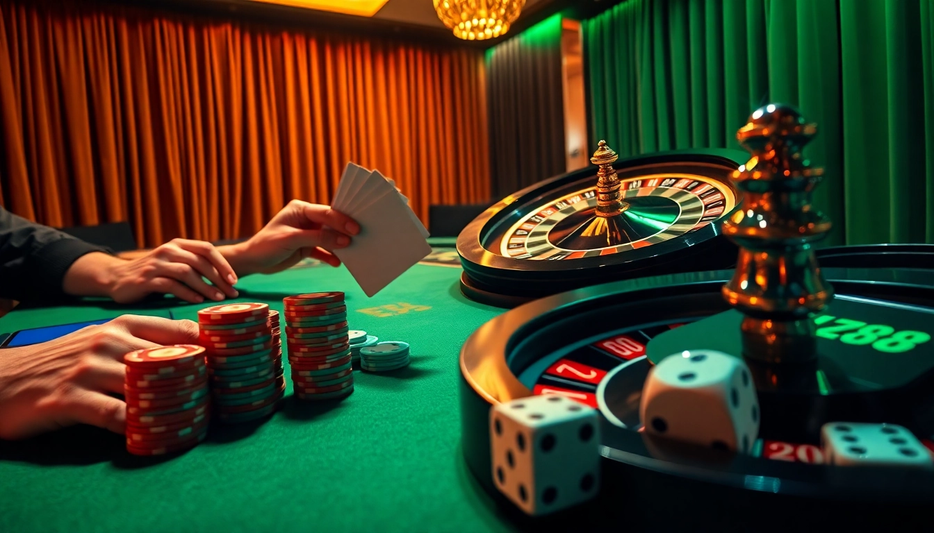 Hz88 branded poker chips stacking action with a spinning roulette wheel in luxury casino setting