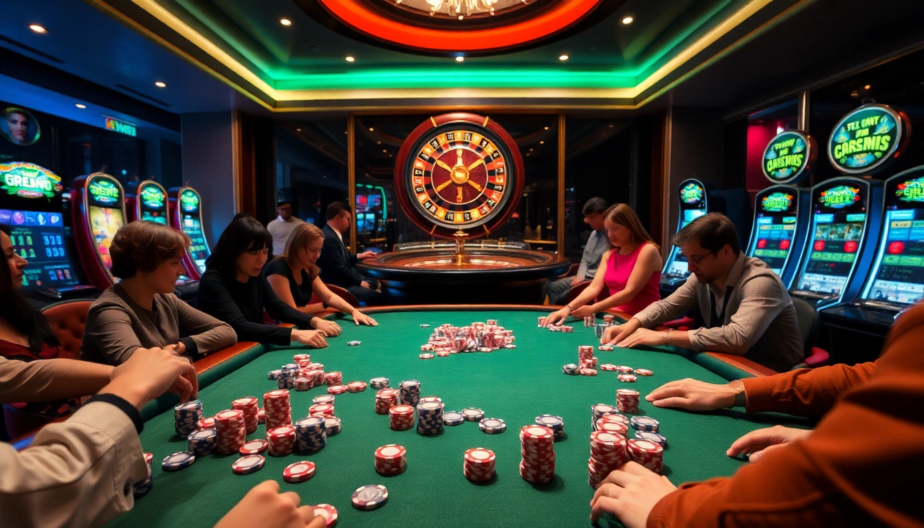 Participants betting passionately at a vibrant poker table in a casino, inspired by open88.mobi.