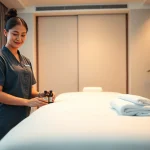 Professional 수원출장마사지 service setup in a hotel room with a therapist and calming ambiance.