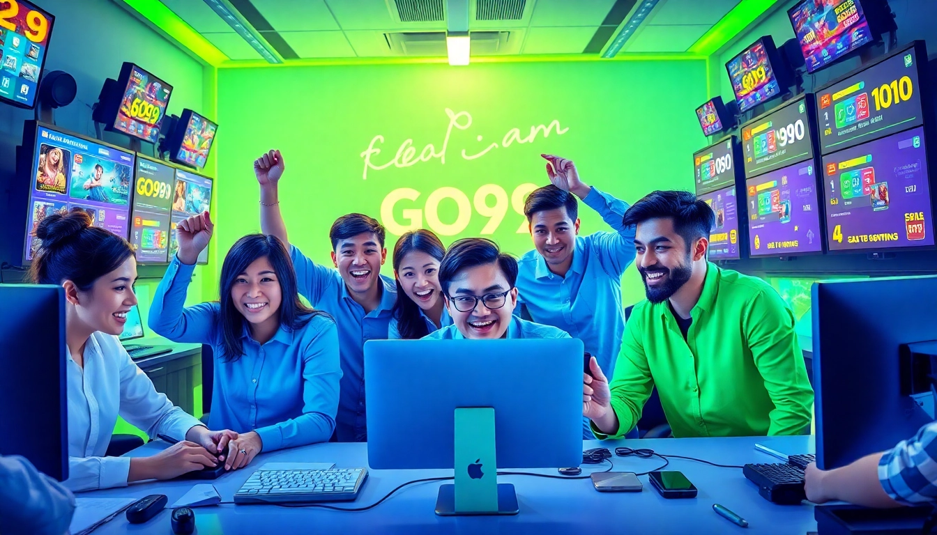 GO99 team collaborating in a vibrant digital workspace for online gaming.