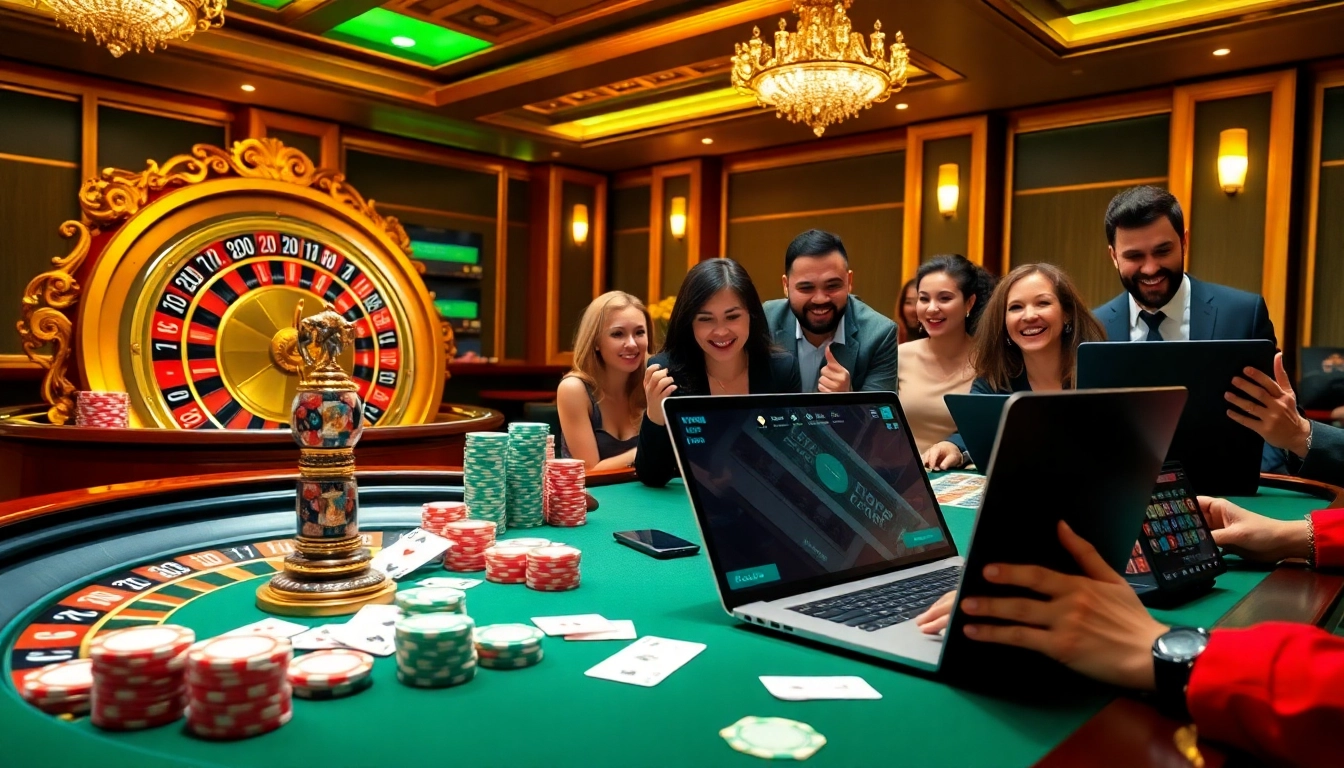 Engaging gamblers at a luxury casino table showcasing games from https://onew88.com/ featuring roulette and poker.
