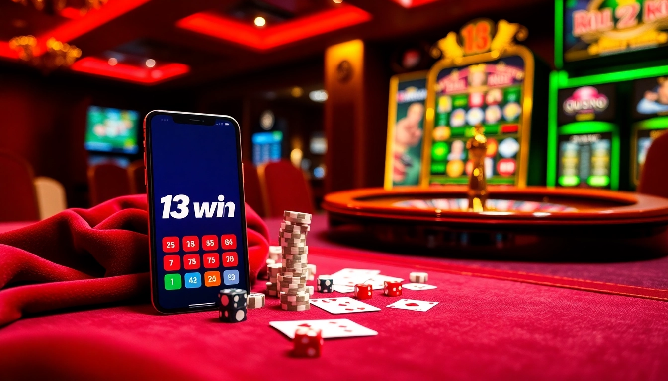 The 13win app showcased on a smartphone beside an elegant casino table filled with poker chips, cards, and dice.