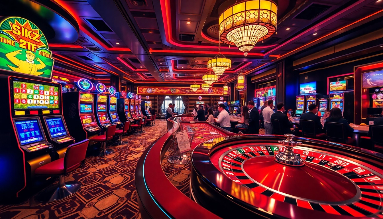 Nohudoithuong casino scene featuring vibrant slot machines and a roulette wheel amidst an exciting gaming environment.