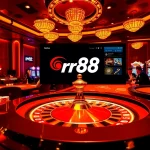 Exciting scene at nhà cái rr88 casino showcasing poker tables and slot machines.
