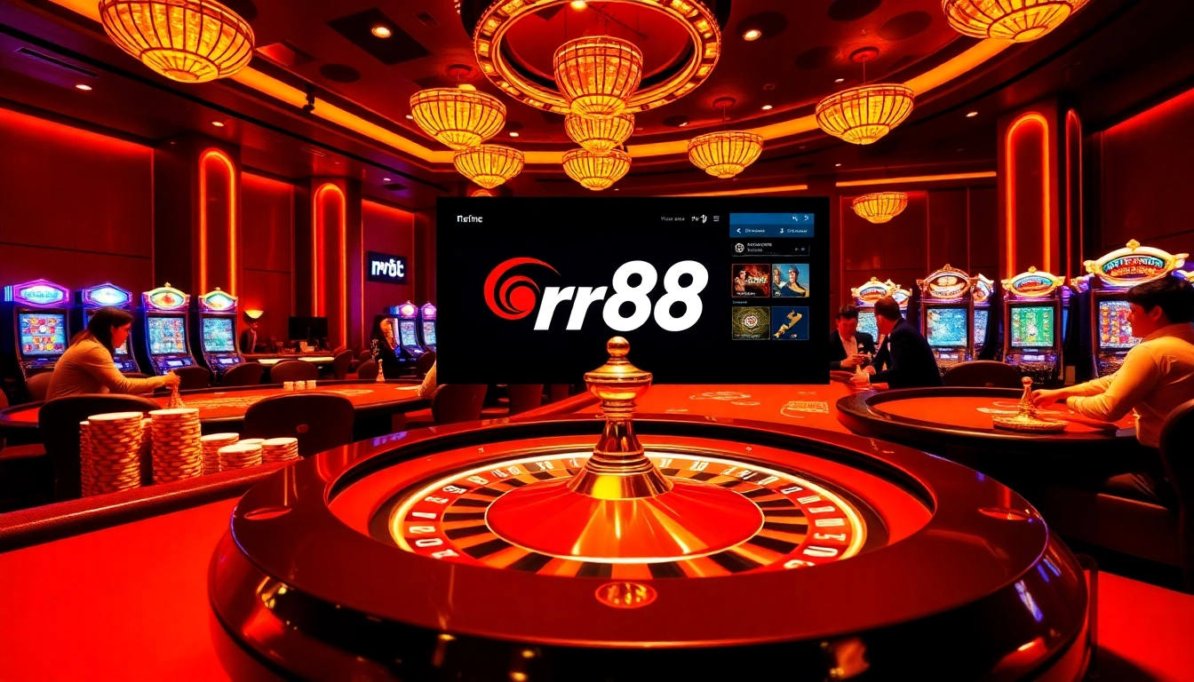 Exciting scene at nhà cái rr88 casino showcasing poker tables and slot machines.