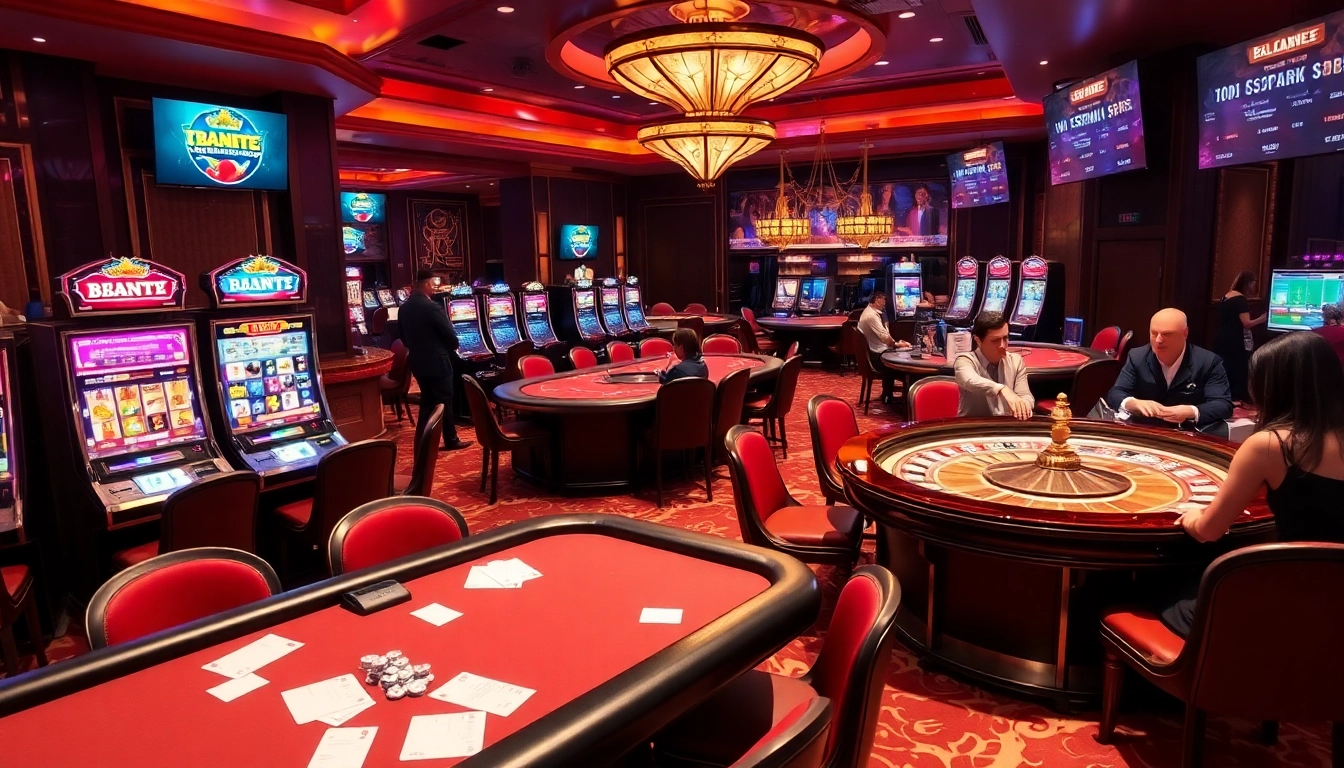 Engaging gamblers at a luxurious casino with various betting activities at https://fb88.style/ including slot machines and poker.