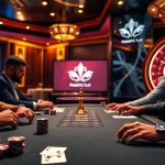 Players strategizing at a poker table with Pragmatic Play branding in a luxurious casino atmosphere.