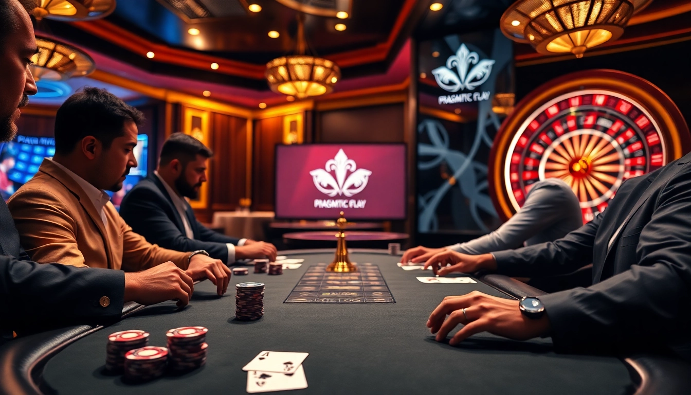 Players strategizing at a poker table with Pragmatic Play branding in a luxurious casino atmosphere.