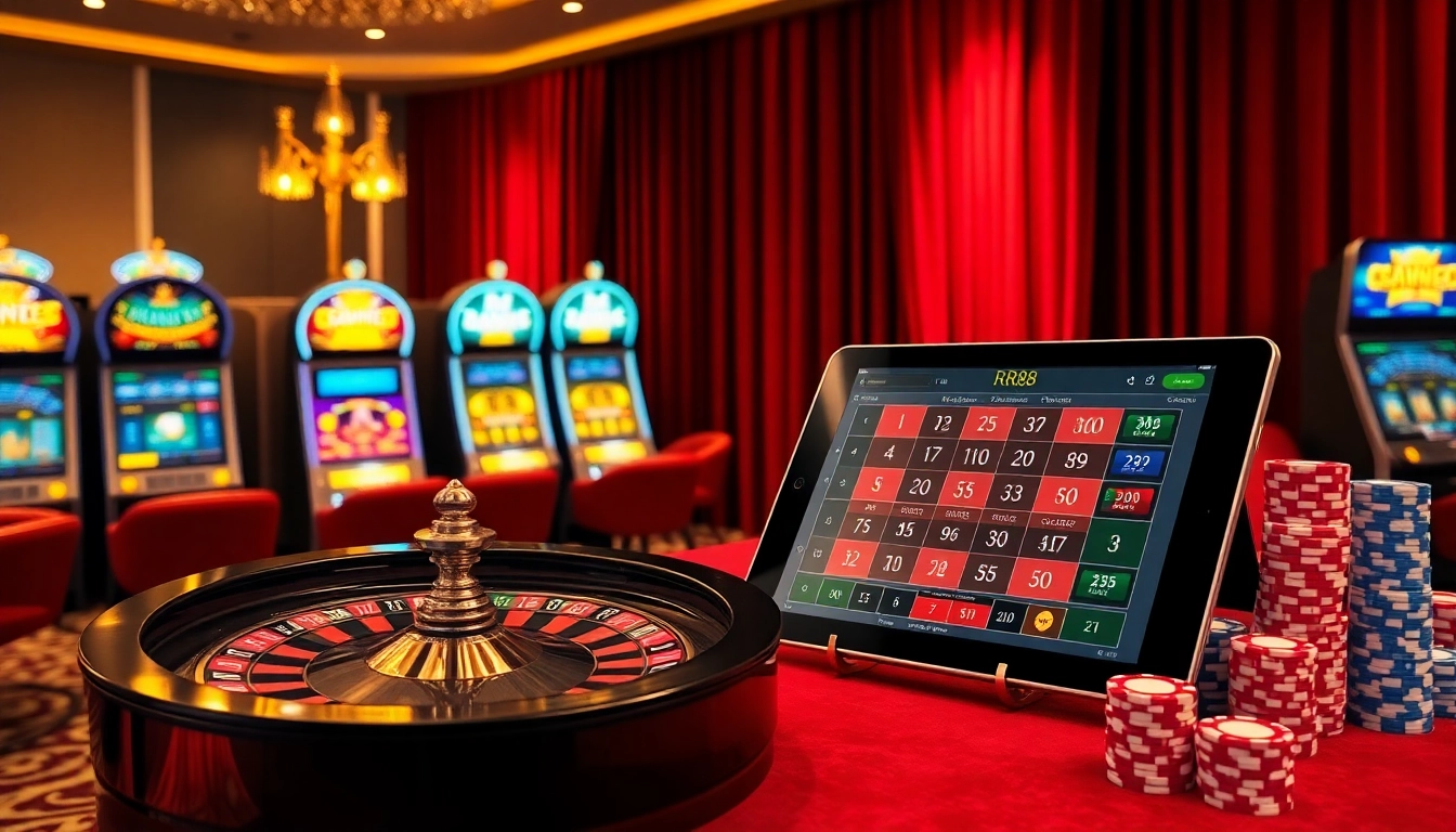 Engaging casino scene with roulette, slot machines, and virtual betting for RR88 com users.
