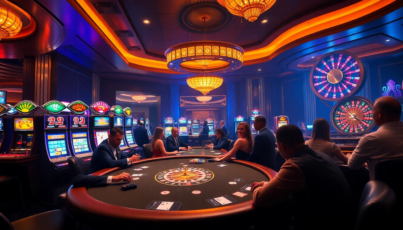 79king poker table action with vibrant slot machines and a roulette wheel in a luxurious casino.