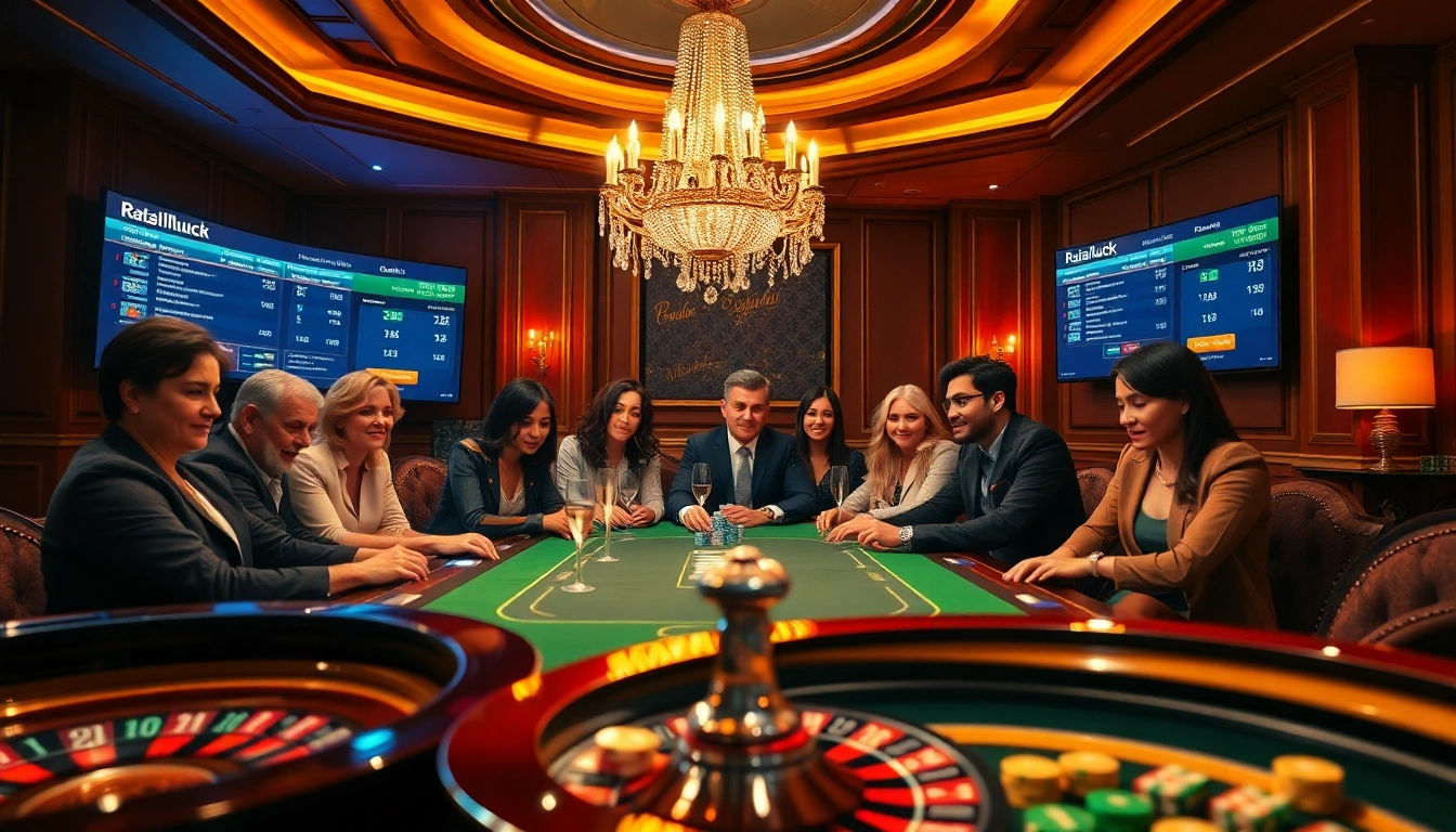 Players enjoy high-stakes poker at Rajaluck, showcasing casino excitement with roulette and poker chips.