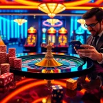 Professional gambler placing strategic bets on NK88’s advanced online casino roulette table with vibrant chips and cards