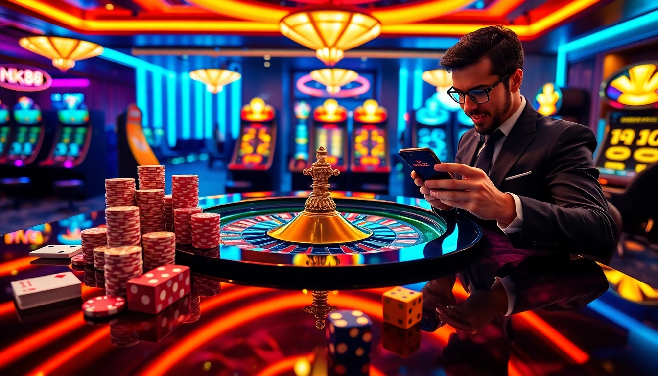 Professional gambler placing strategic bets on NK88’s advanced online casino roulette table with vibrant chips and cards